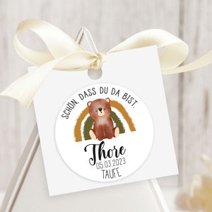 ab 12 personalisierte Sticker mit Name Datum, Taufe, Bär Regenbogen, Gastgeschenk, Aufkleber, Etiketten 4cm, für Geschenkanhänger, senfgelb