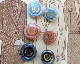 2 Pearly Buttons with transparent cutout and inlaid golden letter V, vintage buttons, V buttons, pearly buttons, style buttons