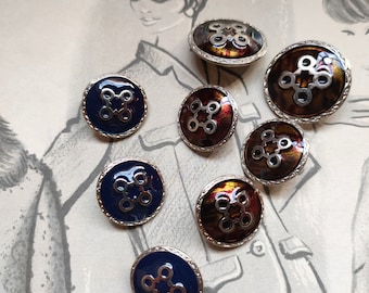 3 Silver and brown buttons, silver and blue button, silver and navy button, silver button, blue button, brown button, jewel button, button