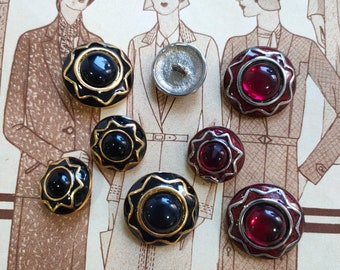 Metal button with enamel, jewel buttons, party buttons, black party button, garnet party button, black and gold buttons, garnet buttons