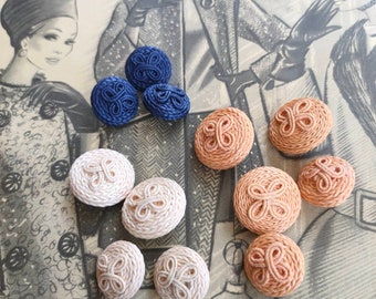 Button with braided cord, blue button, beige button, salmon button, blue vintage button, beige vintage button, orange vintage button, vintage