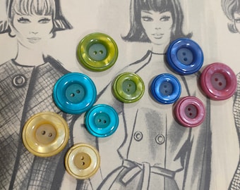 5 Pearly buttons, yellow button, blue button, turquoise button, pink button, green button, magenta button, button, buttons