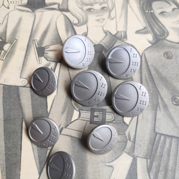 4 silver metal buttons, silver button, sundial button, Roman numerals button, silver coat button, silver jacket button