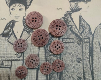 4 wooden buttons with carved flowers, wooden button, flower wooden button, button with flowers, rustic button, brown wooden button, natural button