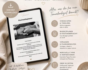 May include: Digital wedding planner displayed on a tablet, featuring the text "Hochzeitsplaner" and various planning tools. Includes sections for checklists, budget, and inspiration. The design is elegant with a neutral color palette.