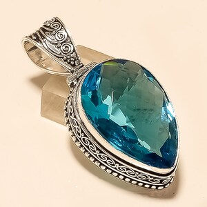 CaratYogi Sterling Silver Real Blue Topaz Pendant Handmade Victorian Style Round Cut Pendant Birtstone CaratYogi Sterling Silver Real Blue Topaz Pendant Handmade Victorian Style Round Cut Pendant Birtstone