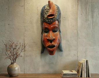 African Tribal Mask – Hand Carved Wooden Face Mask, Traditional Afrocentric Wall Decor, African Art