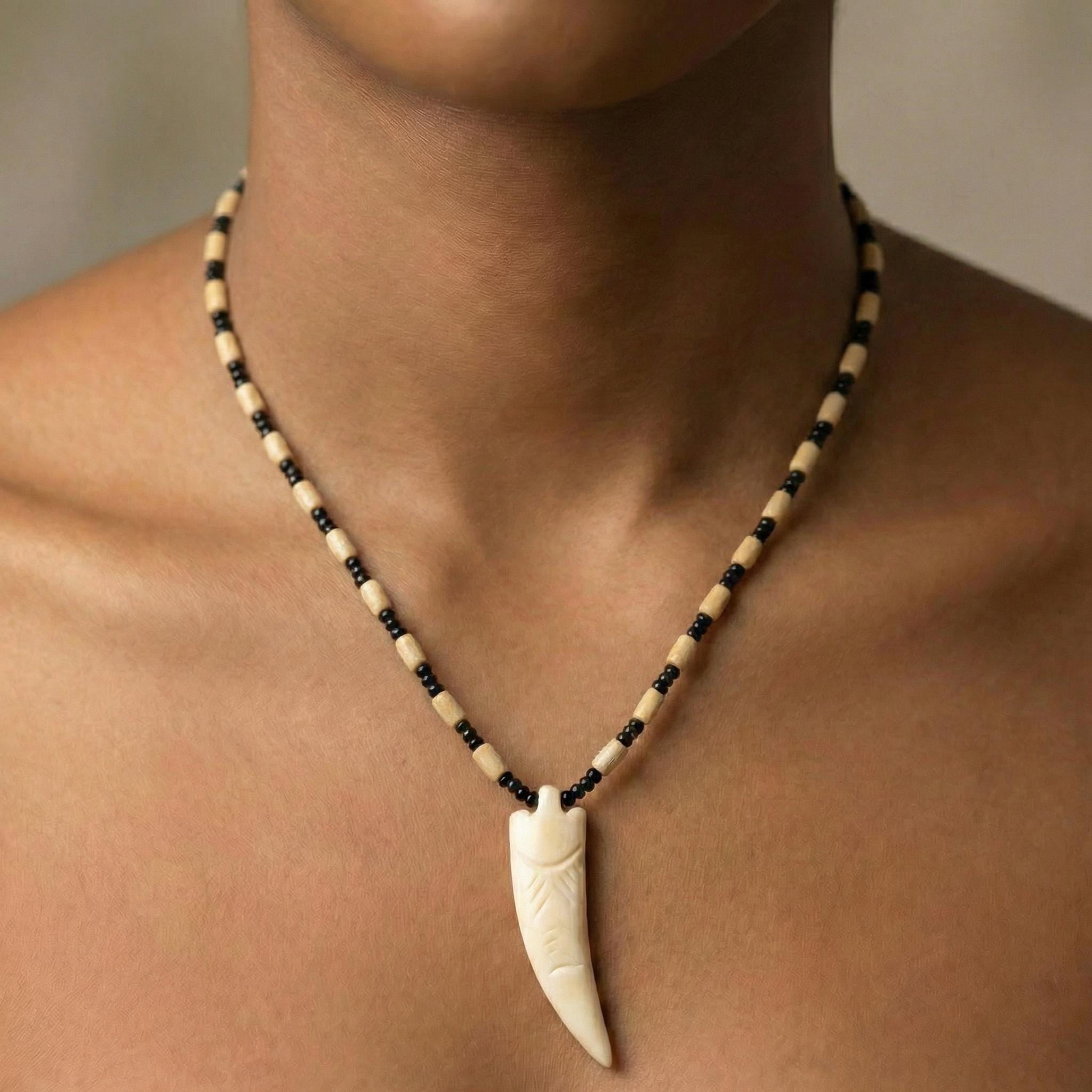 Tribal Bone Tusk African Necklace – Hand Carved Pendant With