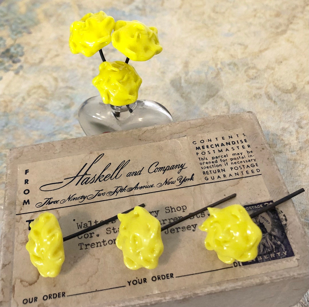 2 RARE Vintage Miriam Haskell Yellow Glass Flower Head Pins Etsy