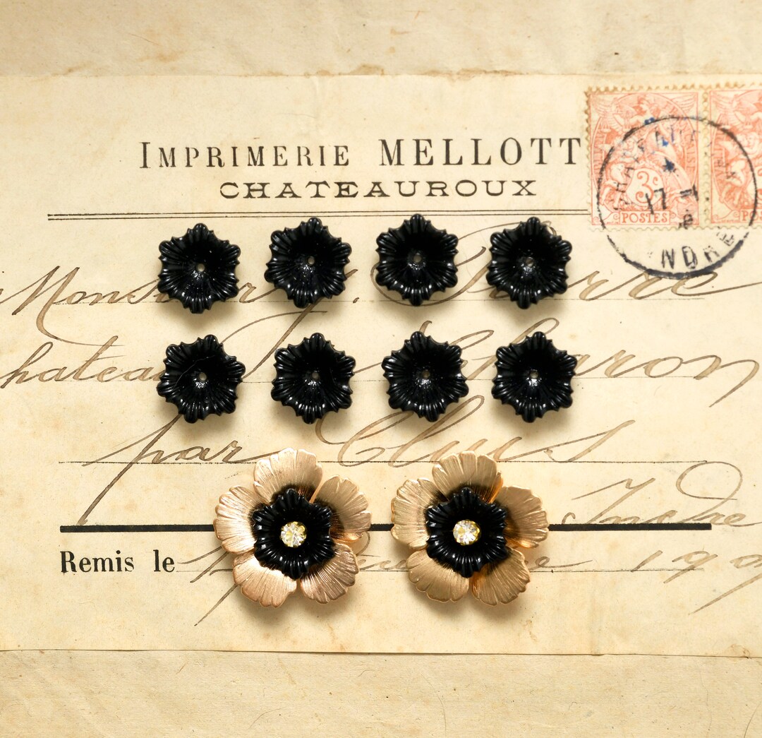 10 Vintage Jet Black Plastic Flowers Etsy