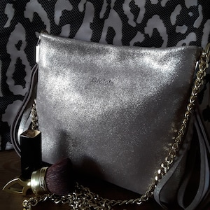 Leder echt Geldbeutel gold Geldbeutel glänzend Clutch Schulter gold Kettentasche Abendtasche Partytasche kleine Geldbörse weiche Tasche lange Metallkette Geldbeutel