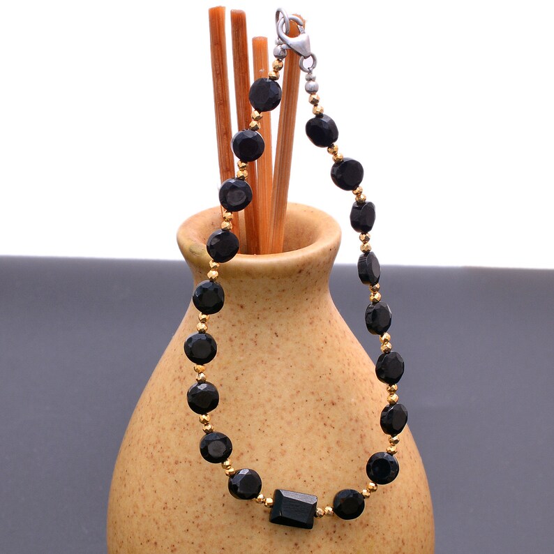 BEAUTIFUL-Black Spinel Coin Beaded Bracelet with Golden Round Spacer 6MM Faceted Hexagon Spinel Beads Bracelet-925 Silver Clasp-Gift for Her