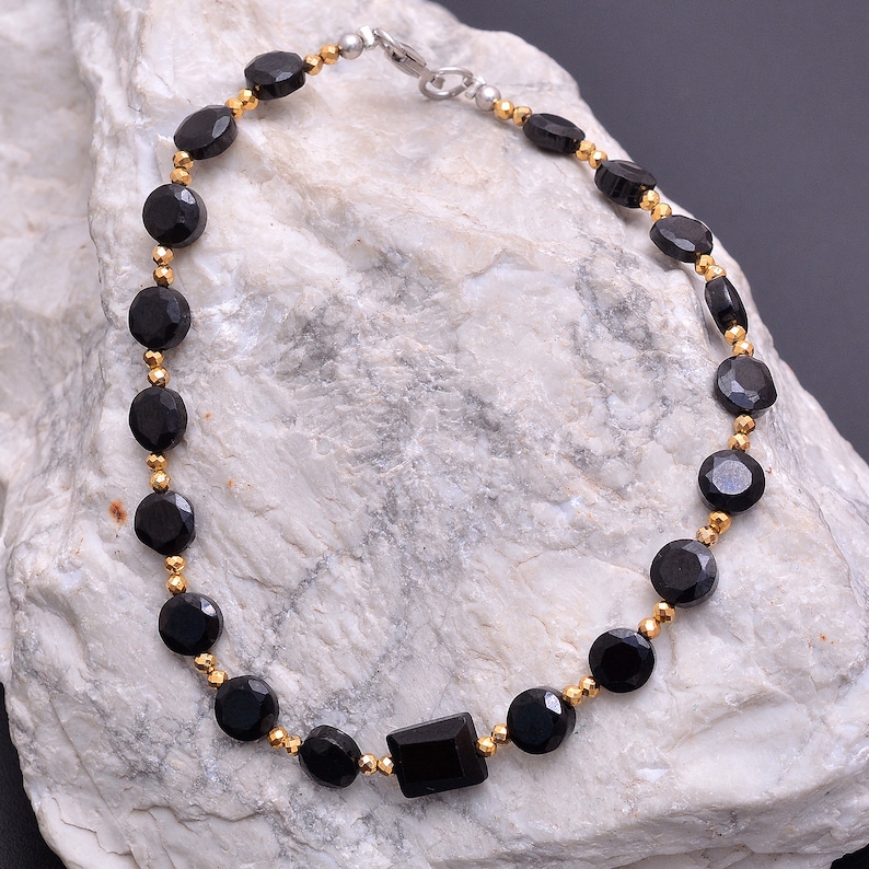 BEAUTIFUL-Black Spinel Coin Beaded Bracelet with Golden Round Spacer 6MM Faceted Hexagon Spinel Beads Bracelet-925 Silver Clasp-Gift for Her