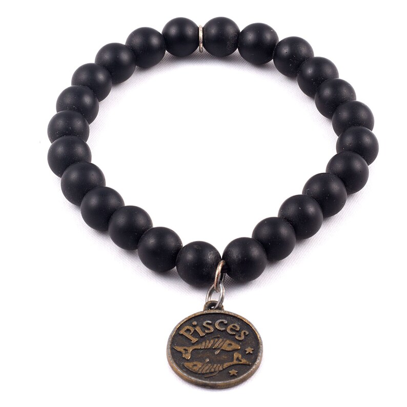 Pisces Zodiac Sign Coin Charm Black Onyx Matte Bracelet 8MM Beads Natural Gemstone Stretch Bracelet Healing Handmade Yoga MenWomen Bracelet