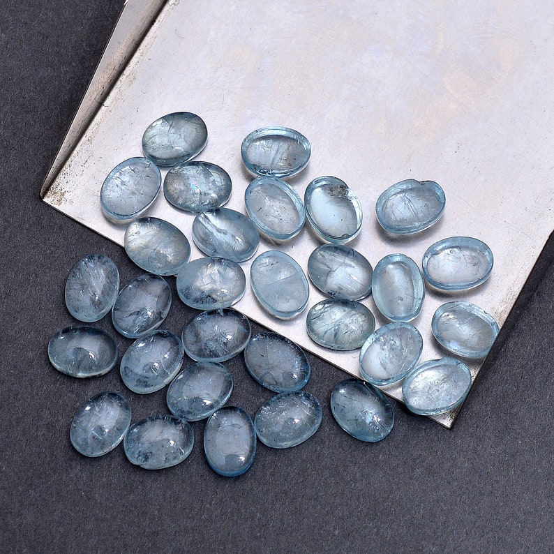 30 Pcs Top Quality Calibrated Aquamarine 8X6X3 MM Oval Cabochon Loose Gems-Natural Sky Blue Untreated Aquamarine Flat Back Jewelry Cabs AAA