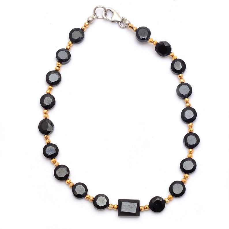 BEAUTIFUL-Black Spinel Coin Beaded Bracelet with Golden Round Spacer 6MM Faceted Hexagon Spinel Beads Bracelet-925 Silver Clasp-Gift for Her