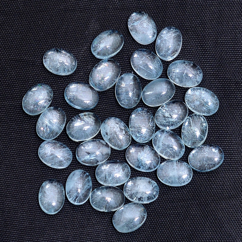 30 Pcs Top Quality Calibrated Aquamarine 8X6X3 MM Oval Cabochon Loose Gems-Natural Sky Blue Untreated Aquamarine Flat Back Jewelry Cabs AAA