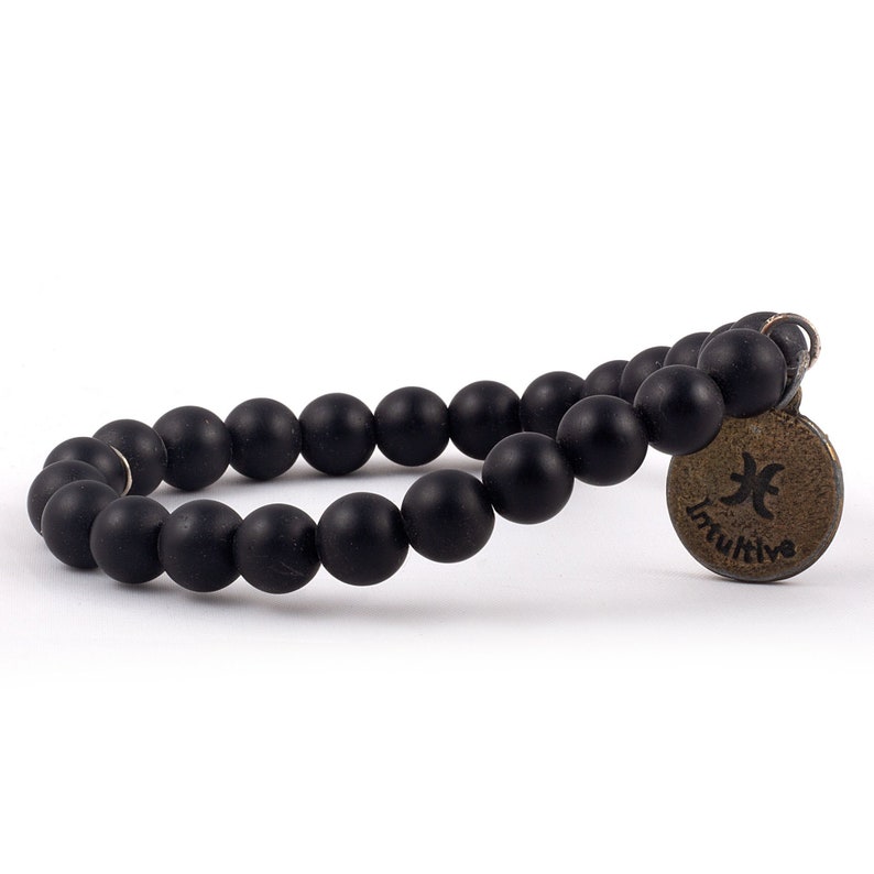 Pisces Zodiac Sign Coin Charm Black Onyx Matte Bracelet 8MM Beads Natural Gemstone Stretch Bracelet Healing Handmade Yoga MenWomen Bracelet