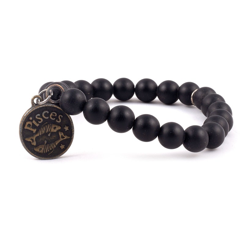 Pisces Zodiac Sign Coin Charm Black Onyx Matte Bracelet 8MM Beads Natural Gemstone Stretch Bracelet Healing Handmade Yoga MenWomen Bracelet