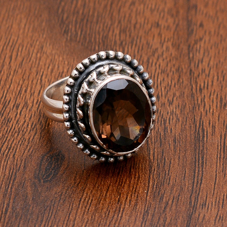 .925 Sterling Silver Ring..Brown Stone Ring..Statement Ring..Designer Silver Ring..Mom/'s Gift..Handmade Jewelry AM-253 Smoky Quartz Ring.