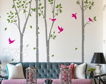 Leafy Birch trees with Birds wall decal wall sticker for nursery living room;