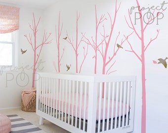 Whole Bare Trees with birds and some leaves wall decal for nursery home office