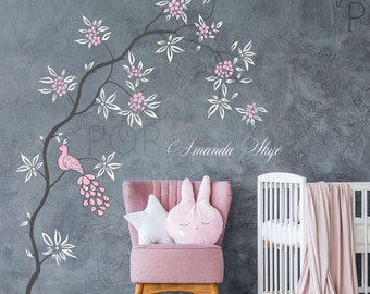 Delicate Peony Branch with small peacock and custom name wall decal for home nursery boutique shop