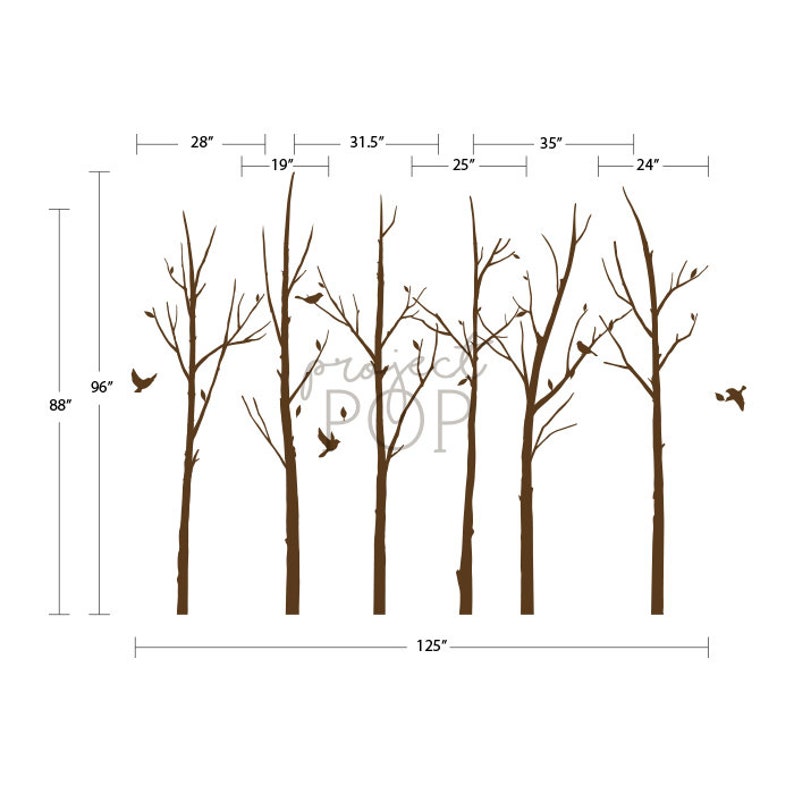 Winter tree wall sticker wall decal set of 6 trees with loose leaves and cute birds image 3