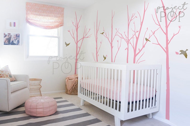 Whole Bare Trees with birds and some leaves wall decal for nursery home office image 1
