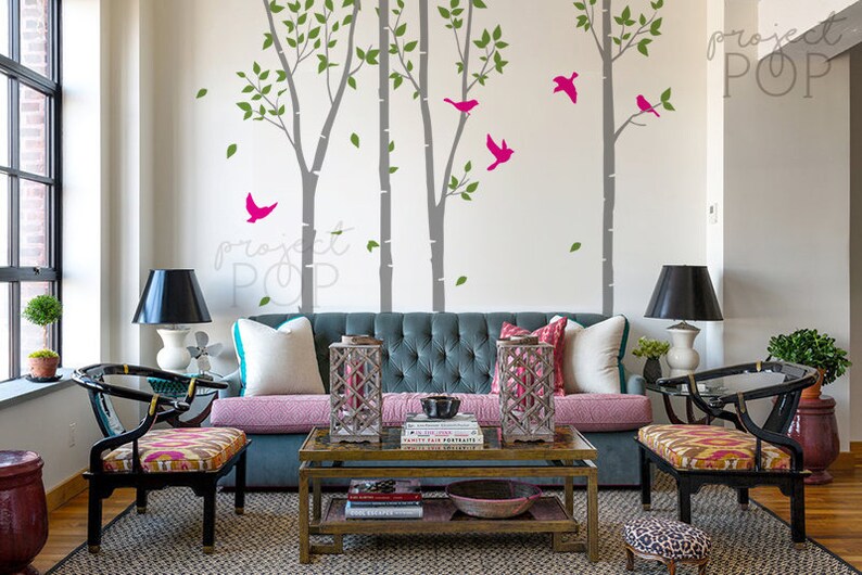 Leafy Birch trees with Birds wall decal wall sticker for nursery living room image 1