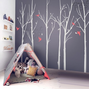 Winter tree wall sticker wall decal set of 6 trees with loose leaves and cute birds image 1