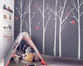 Winter tree wall sticker wall decal set of 6 trees with loose leaves and cute birds