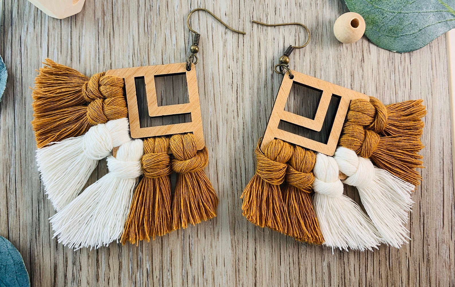 Geometric Detail Macrame Earringswooden Fringe - Etsy