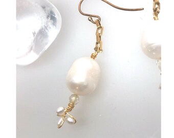 Freshwater pearls, small and large, and small citrine in anchor chain. 18 ct gold plated sterling silver ear hooks