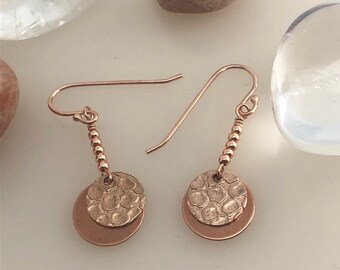 Copper earrings, copper coin and pearls, rose gold plated sterling silver ear hooks, energy jewellery