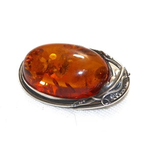 Beautiful Sterling Silver Amber Pen or Brooch, Solid 925 Real Amber Brooch or Pin, Old Vintage Piece