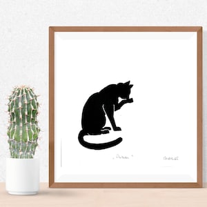 Cat &quot;grooming&quot; linocut