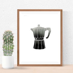 Linoleumsnitt av espressokanna/mokkakanna på papper Bialetti