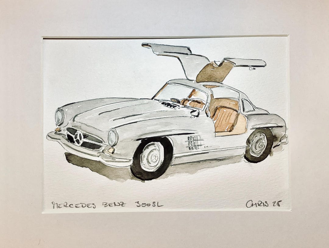 Mercedes Benz 300 SL Gullwing, Brown Leather | Original Watercolor - Etsy