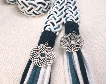 Handfasting Cords in Natural Cotton -  White, Peacock Blue and Teal wedding cord - ribbon - Traditional Celtic Pattern