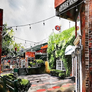 May include: A watercolour painting of a brick alleyway with string lights overhead. The alleyway is lined with shops, including "Pipers Lane's" and "Dimitris". The ground is covered in red circular tiles.