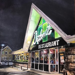 May include: A watercolour painting of a restaurant called "Diplomat" at night. The building has a distinctive triangular roof with a green neon sign. The windows are lit up, and there are people inside. The restaurant is made of brick and has a black awning.