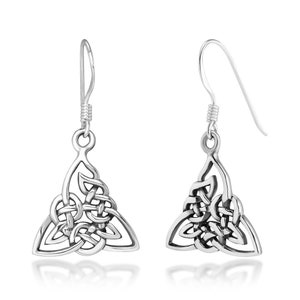 May include: A pair of silver Celtic knot earrings with a triangular design. The earrings have a drop shape and are made of sterling silver.