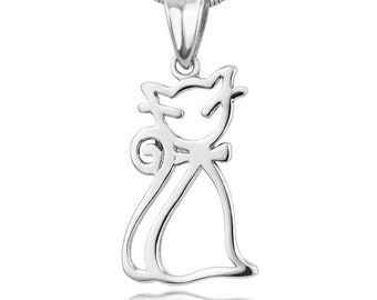 SUVANI Sterling Silver Open Cat Kitty Kitten Pet Lover Pendant Necklace 18 inches Chain Nickel Free