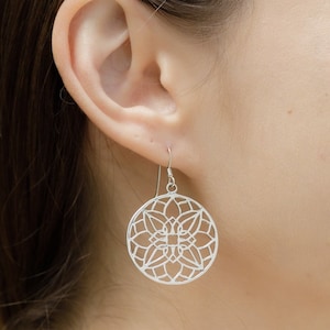 SUVASNI 925 Sterling Silve Open Filigree Detailed Mandala Lotus Flower Round Dangle Hook Earrings 1.7&quot;
