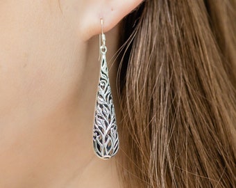 SUVANI 925 Oxidized Sterling Silver Bali Inspired Open Filigree Puffed Teardrop Dangle Hook Earrings 2.3"