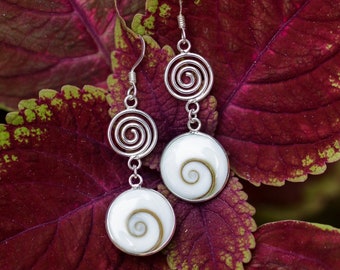 SUVANI 925 Sterling Silver Natural Shiva Eye Shell Double Round Dangle Drop Earrings