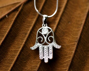 PENDANT ONLY - Suvani 925 Sterling Silver CZ Filigree Hamsa Hand of Fatima Good Luck Protection Pendant (Silver Chain Not Included)