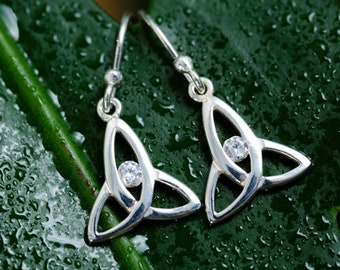 SUVANI 925 Sterling Silver CZ Open Triangle Trinity Triquetra Celtic Knot Symbol Dangle Hook Earrings 1.14"