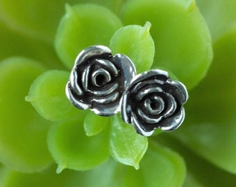 SUVANI 925 Oxidized Sterling Silver Small Rose Flower 8 mm Post Stud Earrings